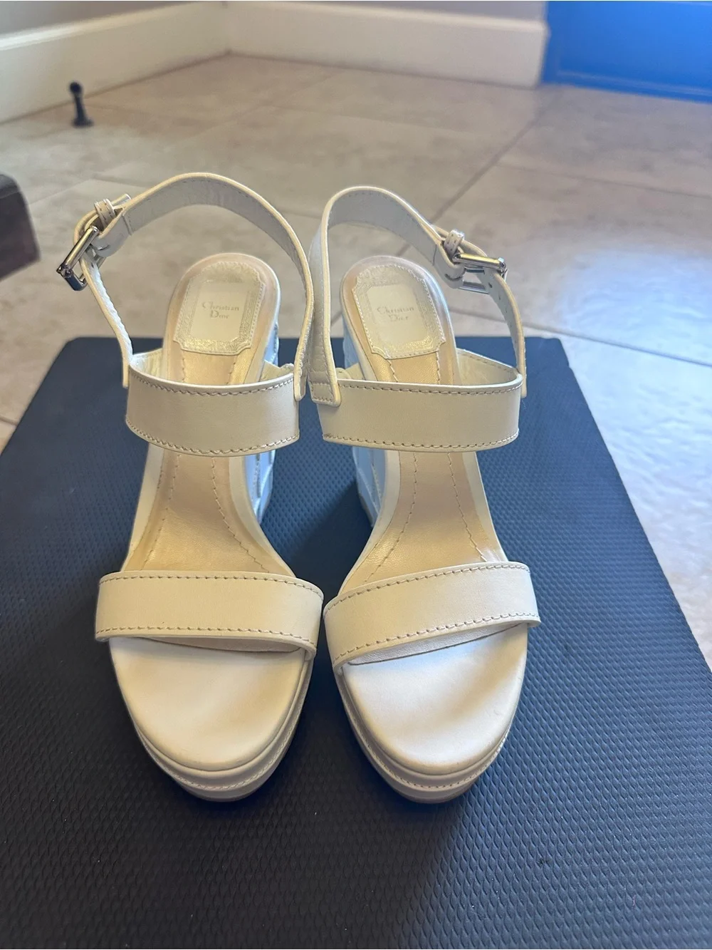 Dior White Leather Wedge Sandals with Ankle Strap Size 38.5